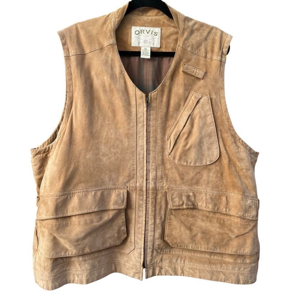 Vtg Orvis Nubuck Fishing Hunting Utility Gilet Vest | Mens XXL Tan Leather Suede